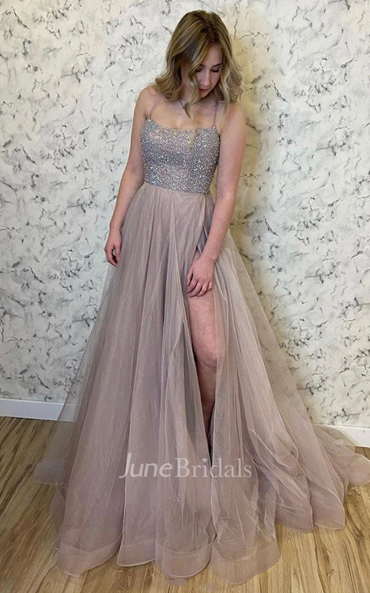 Ethereal A Line Floor-length Sleeveless Tulle Prom Dress with Ruching