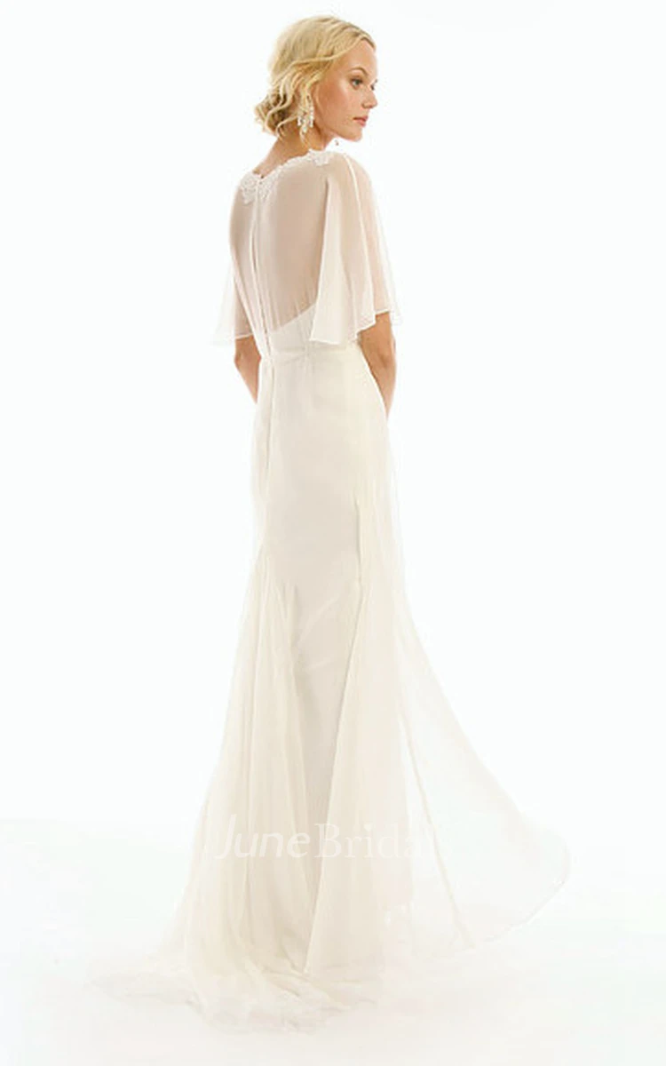 Long V-Neck Appliqued Poet-Sleeve Tulle Wedding Dress With Sweep Train And Illusion