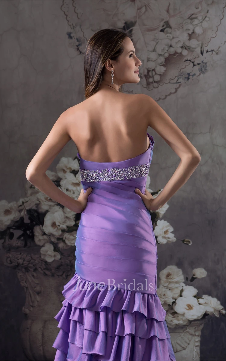 Strapless Ruched Front-Split Dress with Tiers and Jeweled Waist