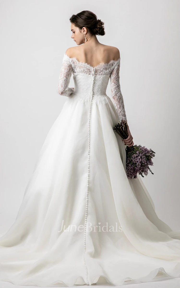 Simple Ball Gown Floor-length Long Sleeve Lace Off-the-shoulder Wedding Dress with Ruching