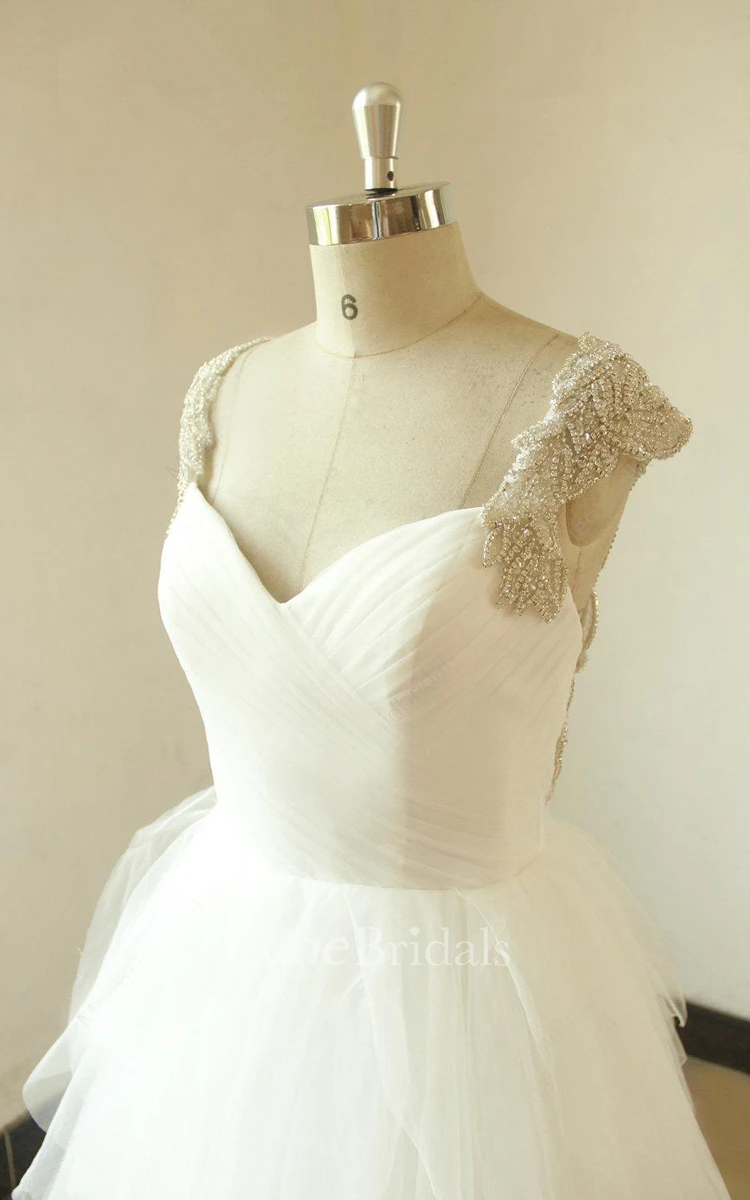 A-Line Tulle Satin Dress With Beading Ruffles Keyhole Back