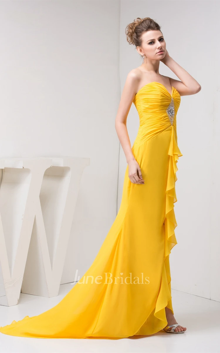 Sweetheart Criss-Cross High-Low Chiffon Dress with Broach and Draping