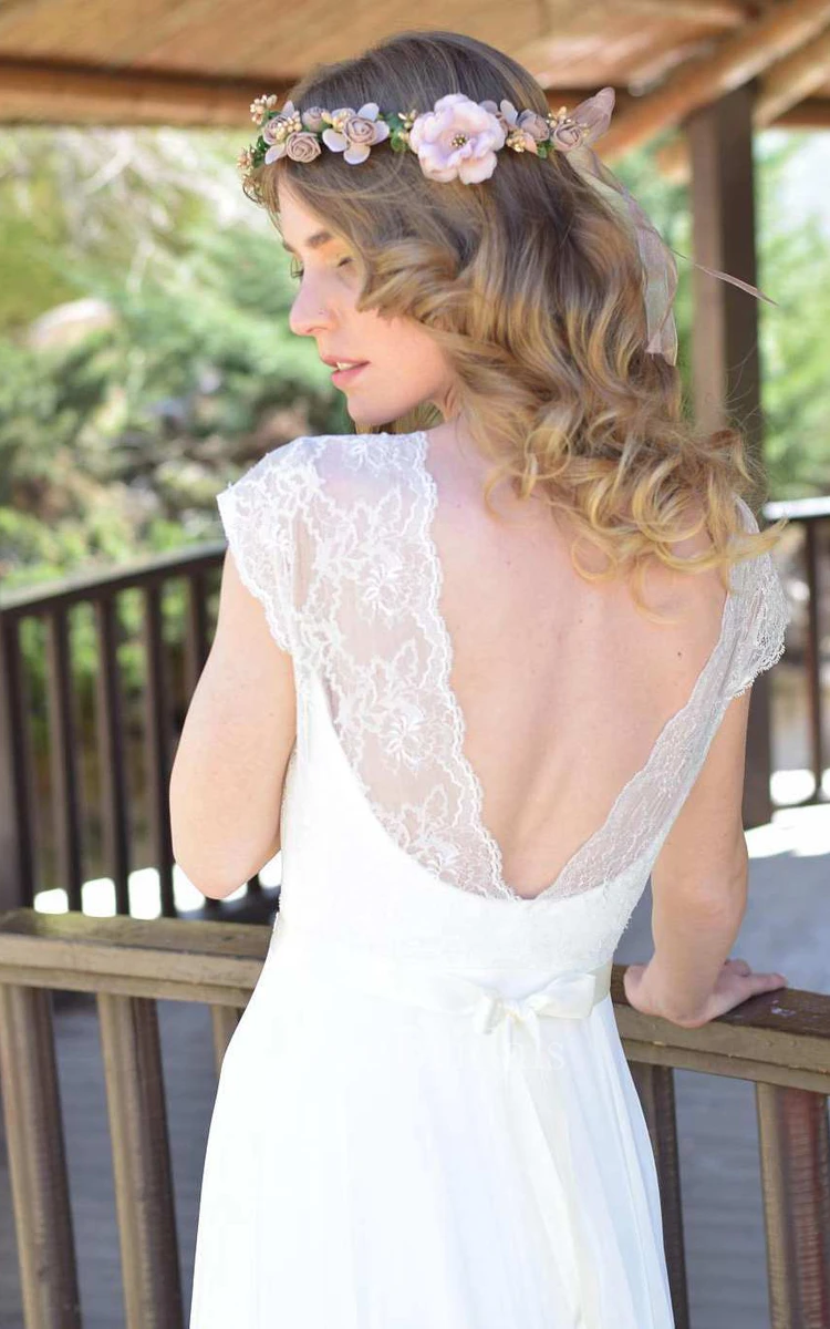 Plunged Lace Cap-Sleeve Chiffon Lace Appliqued Wedding Dress With Ribbon