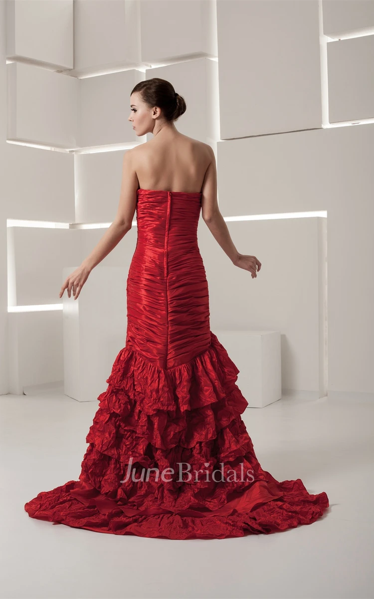 Strapless Column Tiered Dress with Flower and Ruched Bodice