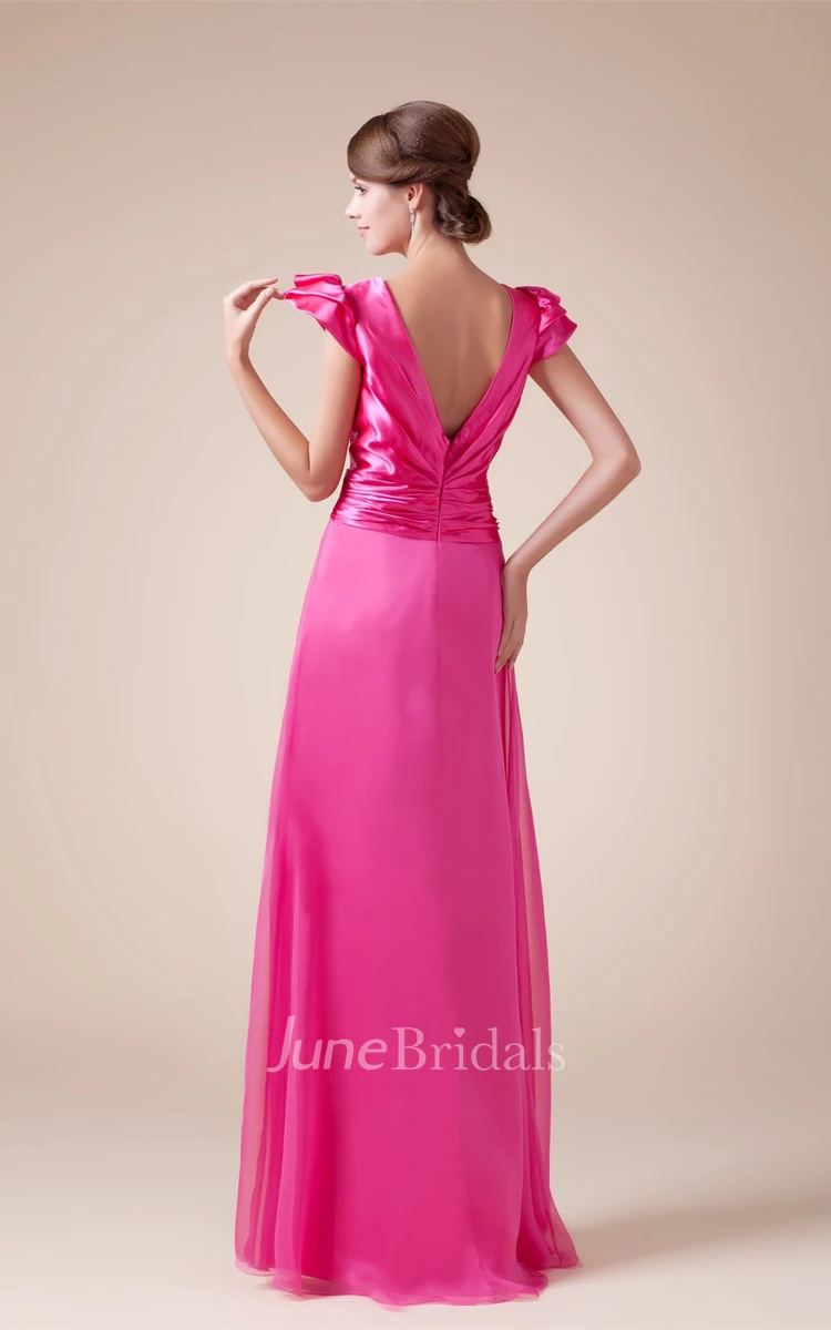 Plunged Caped-Sleeve Chiffon Dress with Ruched Waist