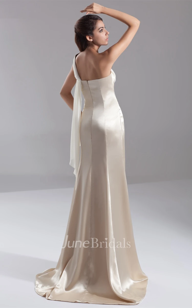one-shoulder a-line maxi satin dress with brush train