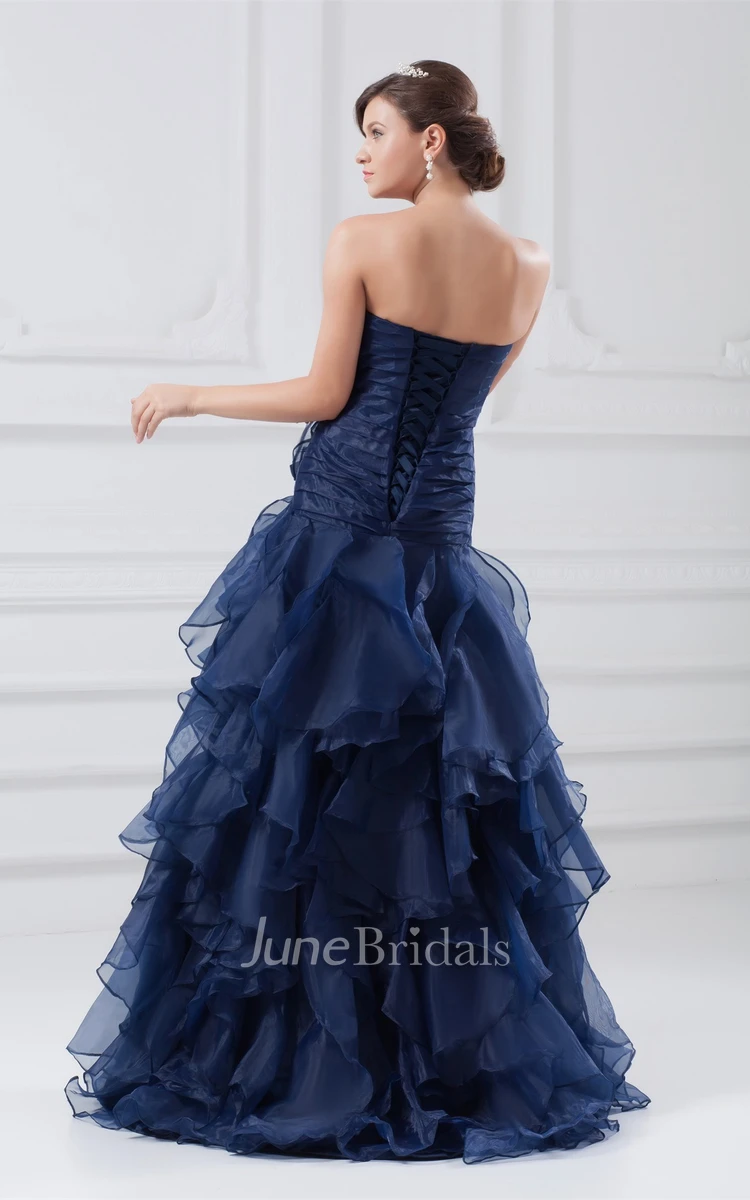 Strapless Front-Split Ruffled Dress with Flower and Brush Train