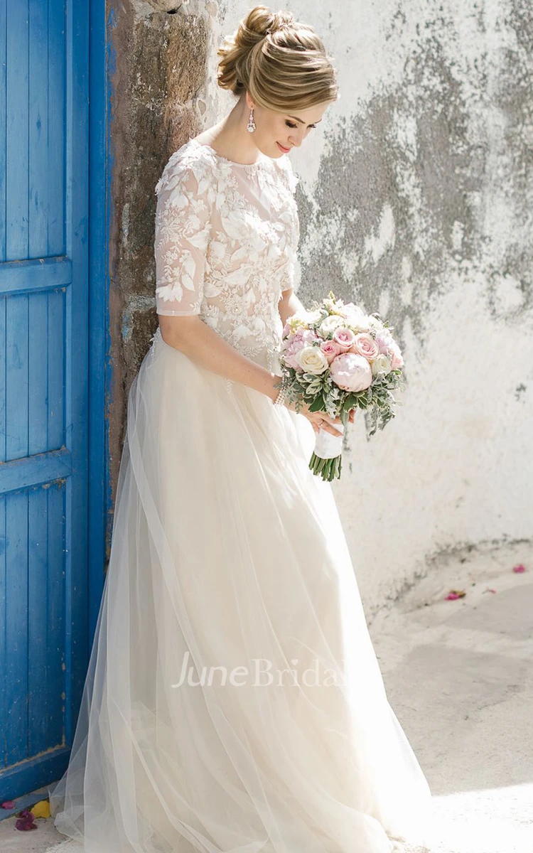 Elegant A Line Bateau Neck Tulle Half Sleeve Wedding Dress Simple Casual Modest Bohemian Floor-length