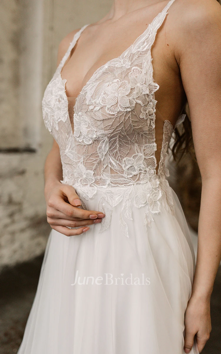 A-Line Ethereal Spaghetti Wedding Dress Straps Bohemian Tulle Lace Applique Backless