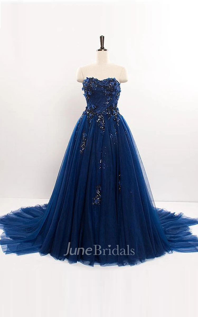A-line Sweetheart Long Tulle Dress with Appliques and Sequins