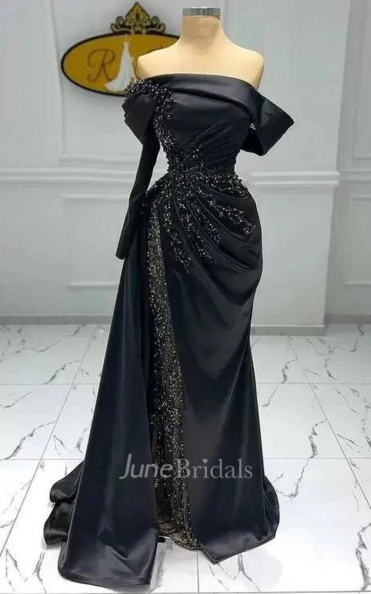 Modern A Line Long Sleeve Satin Strapless Sweep/Brush Train Guest Dress with Beading
