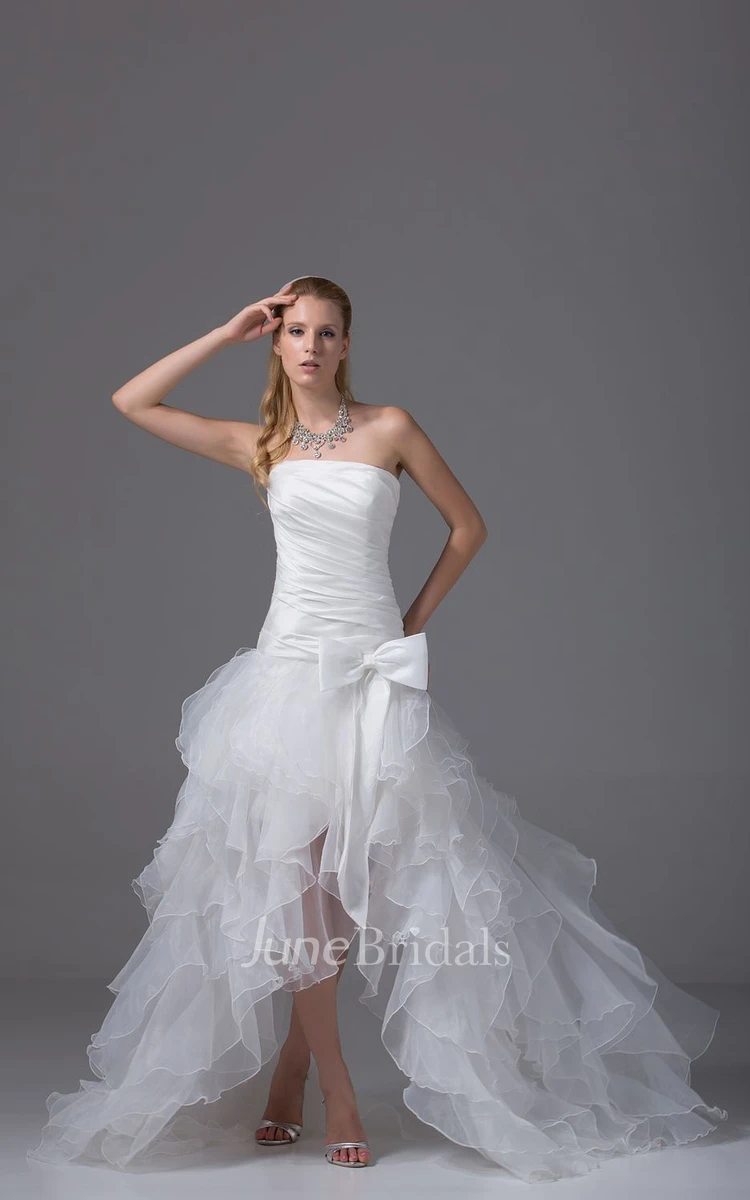 Strapless High-Low Organza Dress With Bow and Ruching
