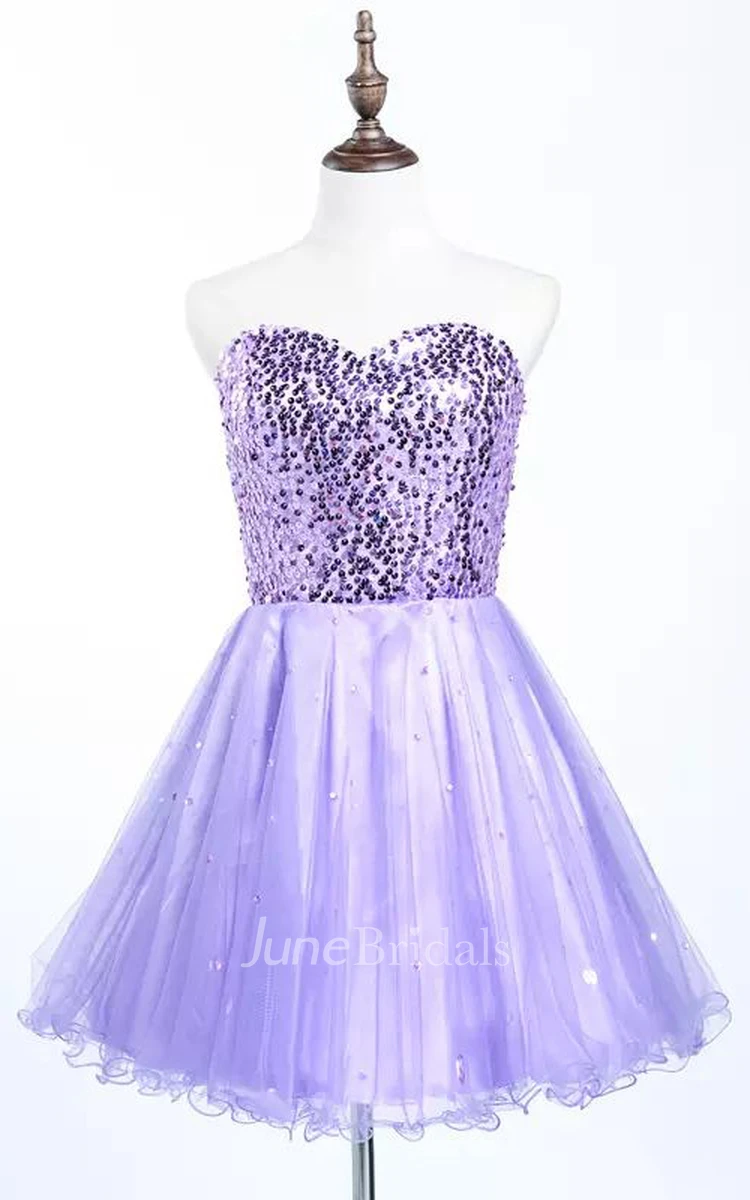 A-line Sweetheart Sleeveless Pleats Sequins Short Mini Tulle Sequins Homecoming Dress