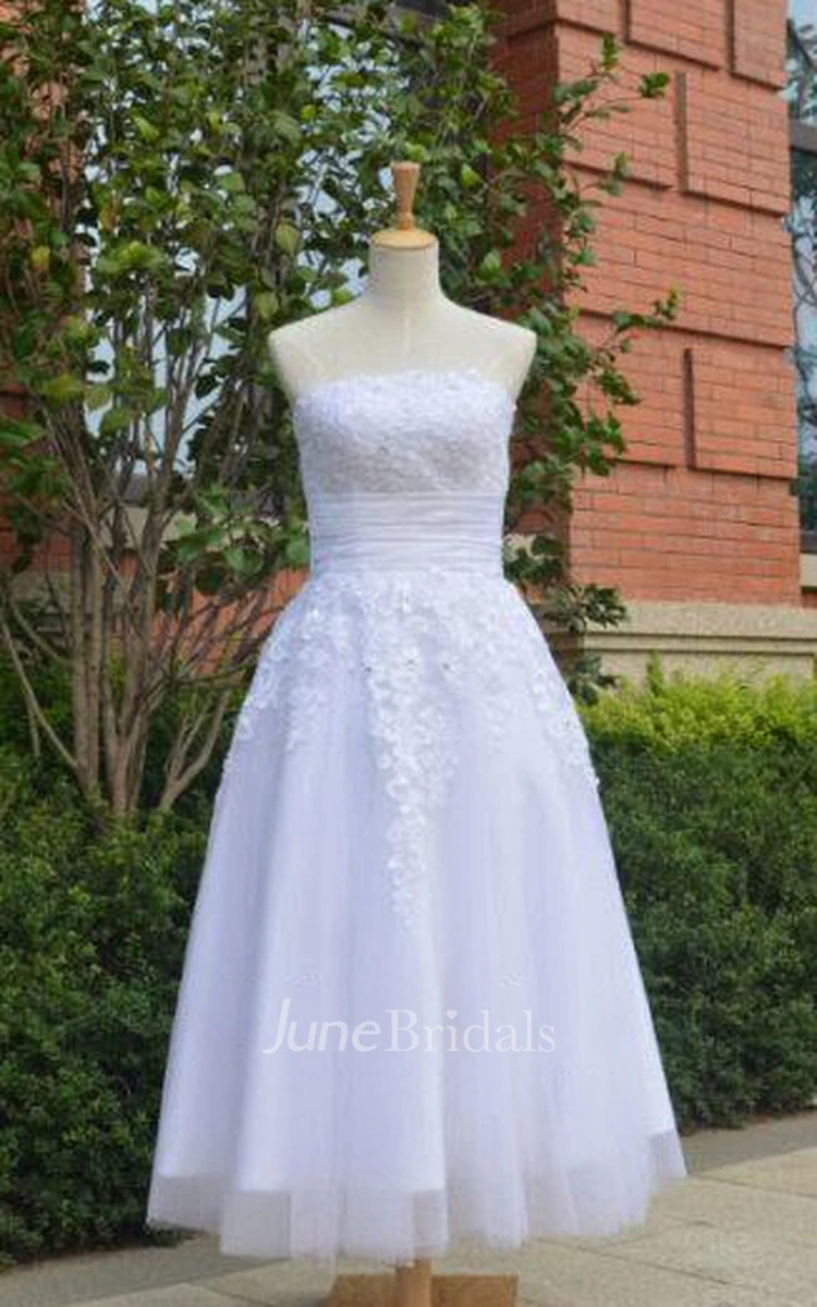 Strapless Button Back Tea-Length Satin Wedding Dress With Appliques And Ruching