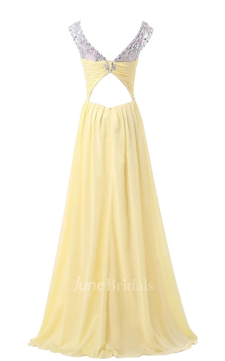 Gorgeous Cap-sleeve Scoop Crystal-beaded Chiffon A-line Dress