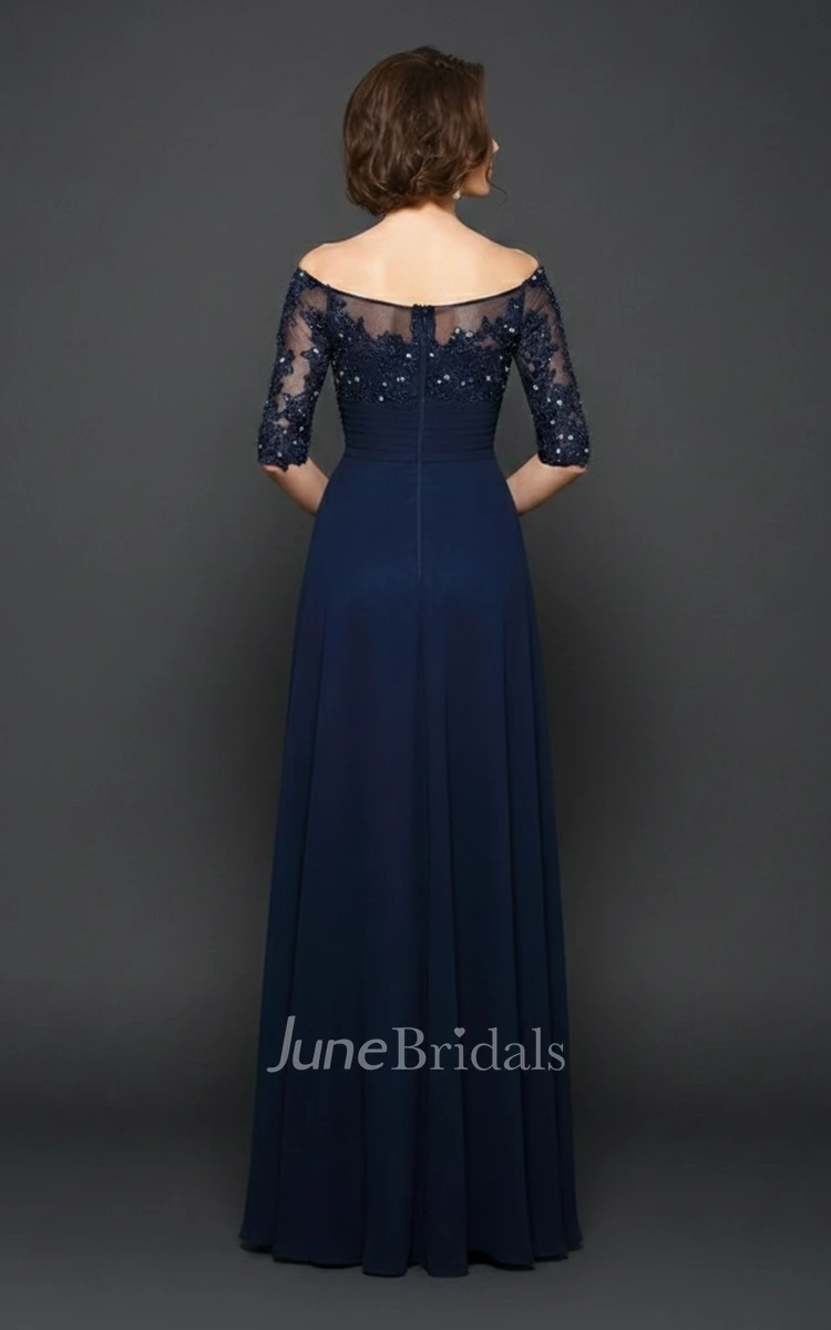 A-Line Chiffon Maxi Mother of the Bride Dress Off-the-Shoulder Illusion Half Sleeve Lace Gown