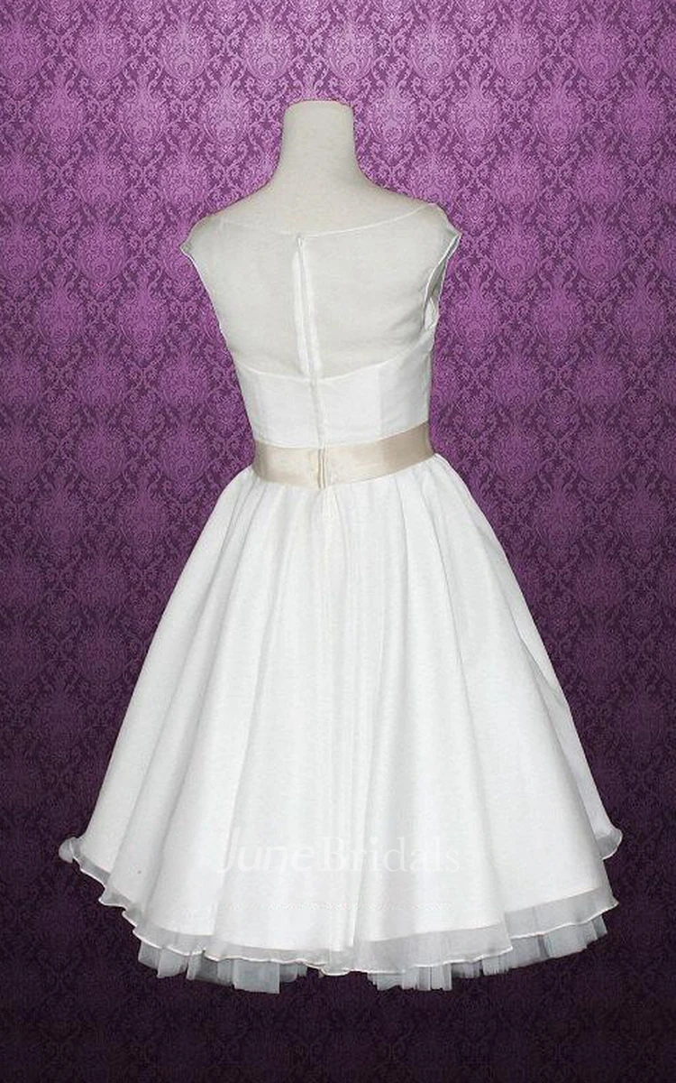 Bateau Knee-Length Satin Wedding Dress With Sash And Cap Sleeve