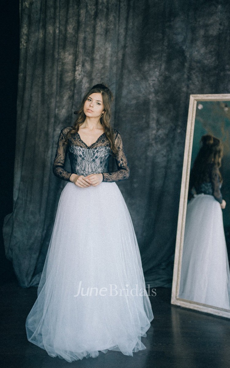 Modest Simple Lace Black and White Bride Dress Casual Western A-Line Long  Sleeve V-Neck Floor Gown - June Bridals