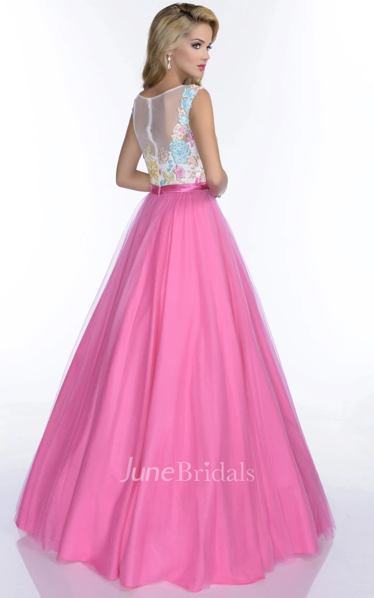 Embroidered-Bodice Bateau Neck A-Line Tulle Formal Dress