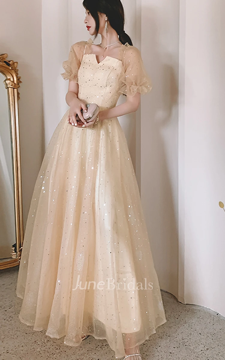 Vintage Tulle Square V-neck Queen Anne A Line Evening Formal Dress With Beading
