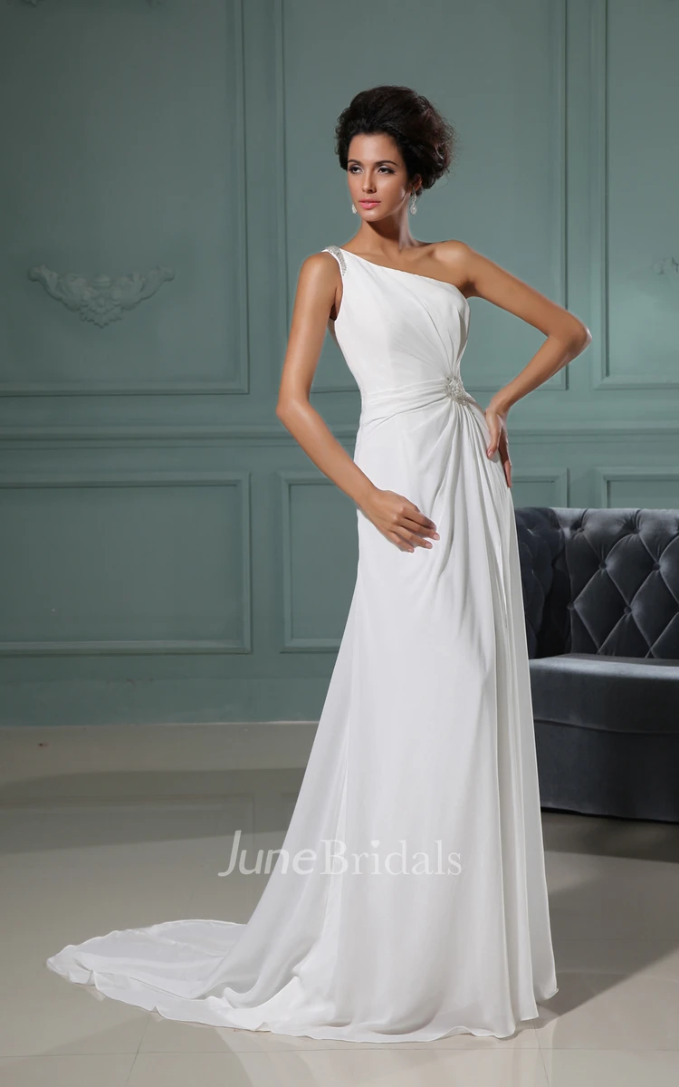 Shining Asymmetrical One-Shoulder Column Gown With Brush Train