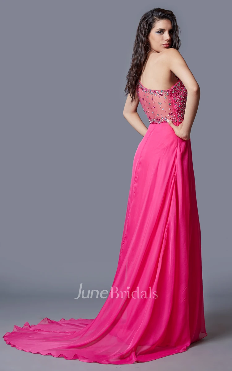 One Cap-sleeved A-line Chiffon Gown With Beaded Bodice and Side Split