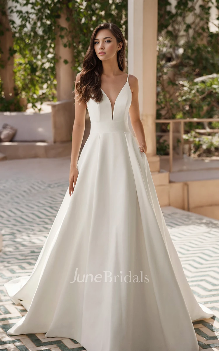 Simple Elegant A-Line Floor-length Spaghetti Satin Wedding Dress Solid Sexy Sleeveless Plunging Neckline Draping Court Bridal Gown with Pockets Button Back