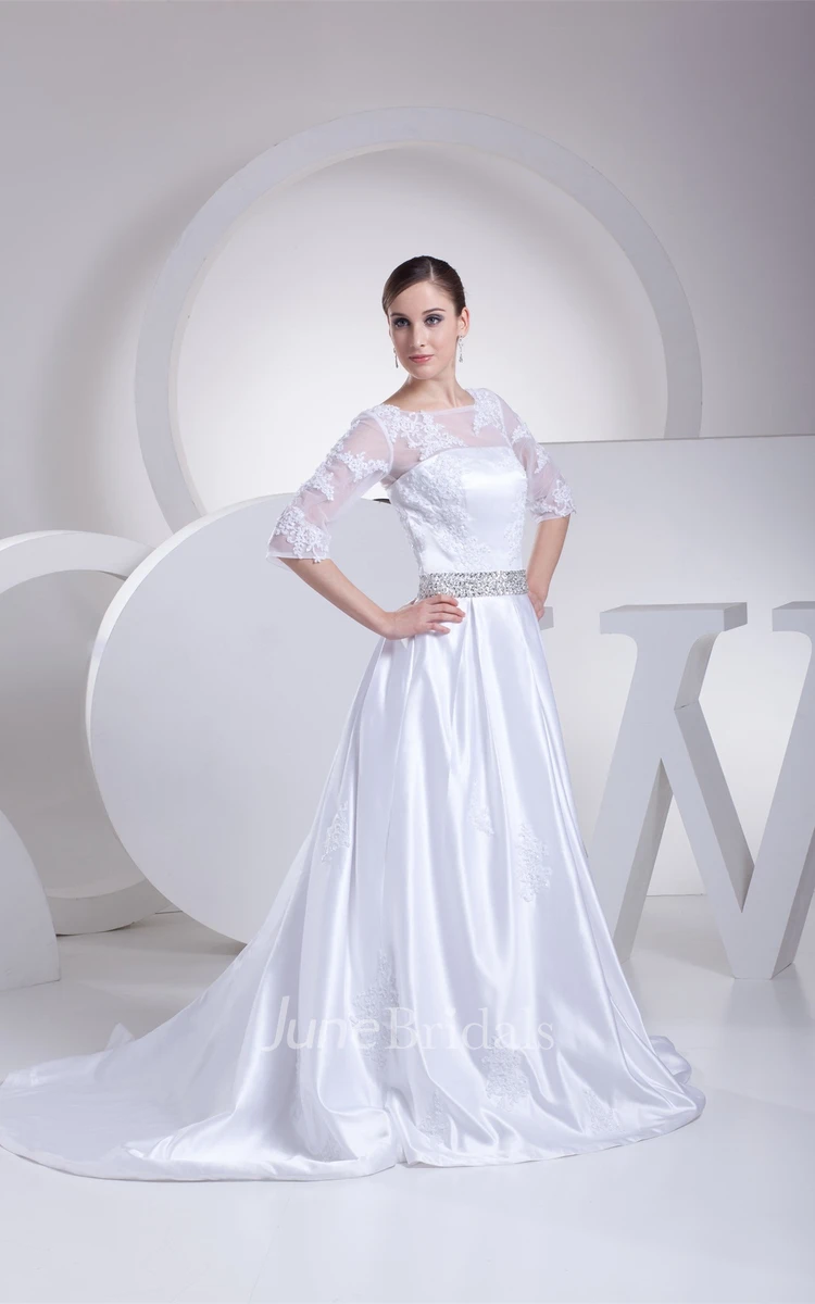 Long A-Line 3-4-Length Satin Sleeve Dress with Lace Illusion and Beading Belt