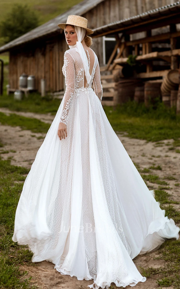 A-Line V-neck Lace Romantic Garden Wedding Dress With Button Back And Appliques