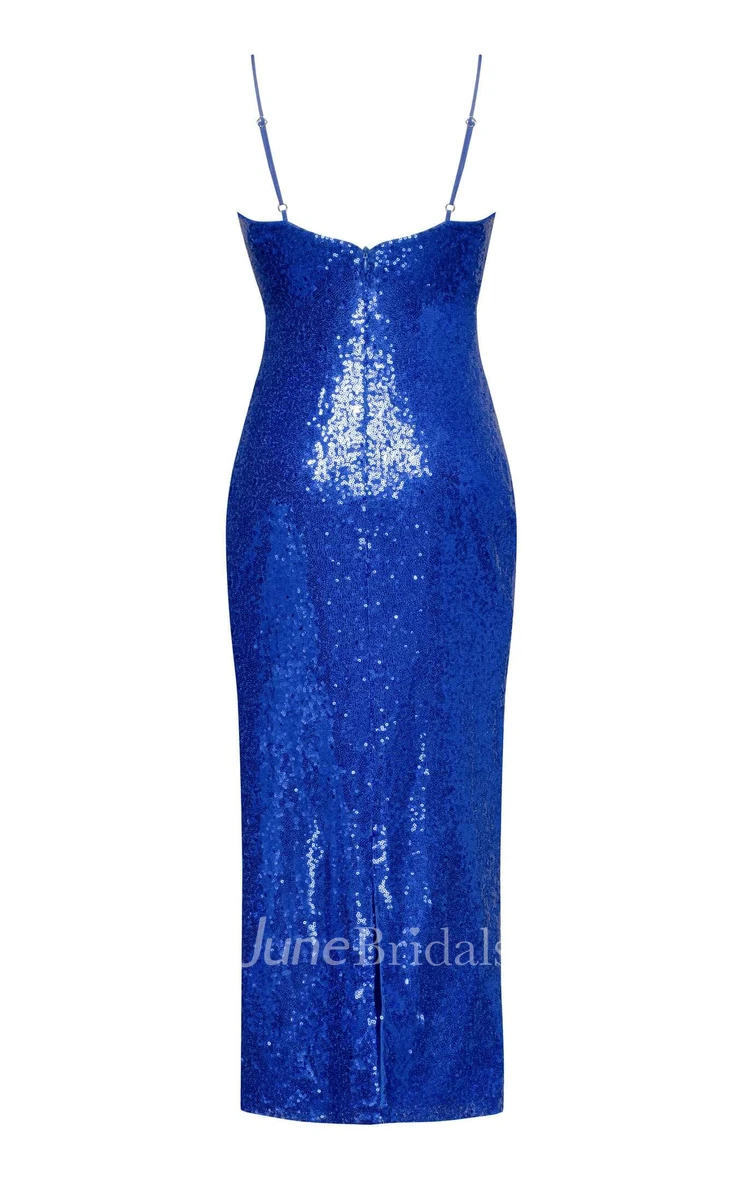 Sweetheart Pencil Royal Blue Sequins Modern Evening Dress Sleeveless With Split Back