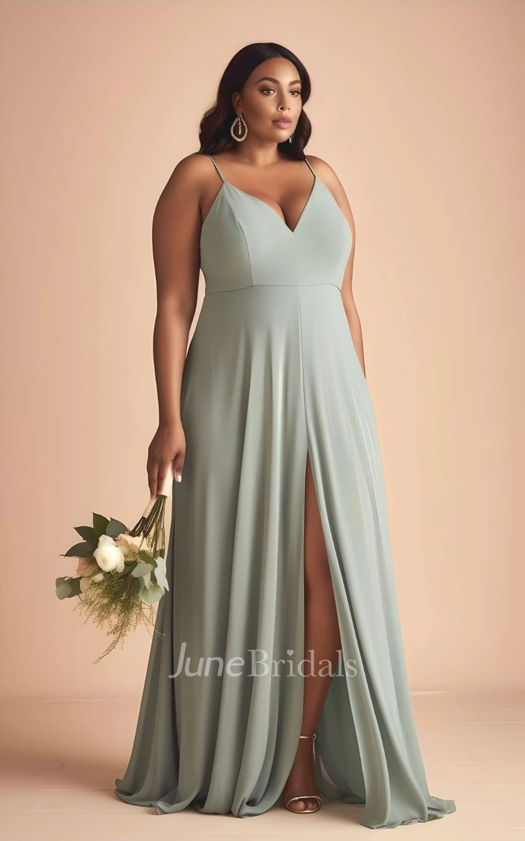 A-Line Sleeveless Plus Size Chiffon Bridesmaid Dress with Split Front Simple Bohemian Elegant Spaghetti V-neck