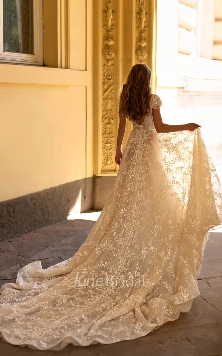 Romantic A-Line Plunging Neckline Lace Wedding Dress With Zipper Back And Appliques