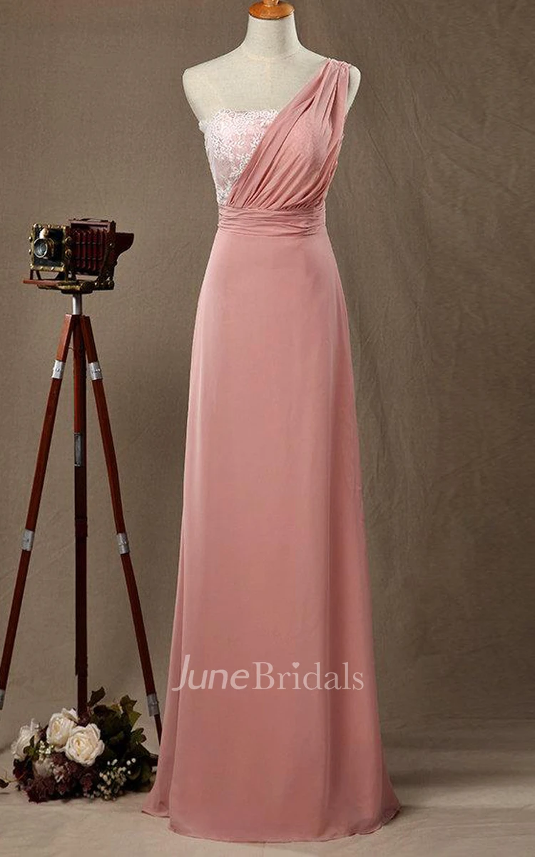 Floor-length One-shoulder Chiffon&Lace&Satin Dress