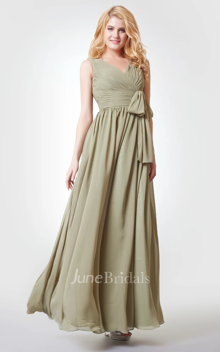 Ruched A-line Long Chiffon Dress With Bow and Straps