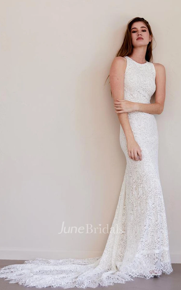 Boho Lace Jewel Beckline Sheath Sleeveless Wedding Dress with Keyhole Back