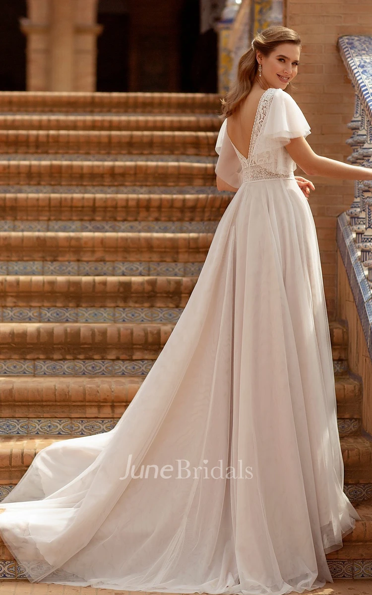 V-neck A-Line Romantic Lace Tulle Illusion Sleeve Wedding Dress with Court Train
