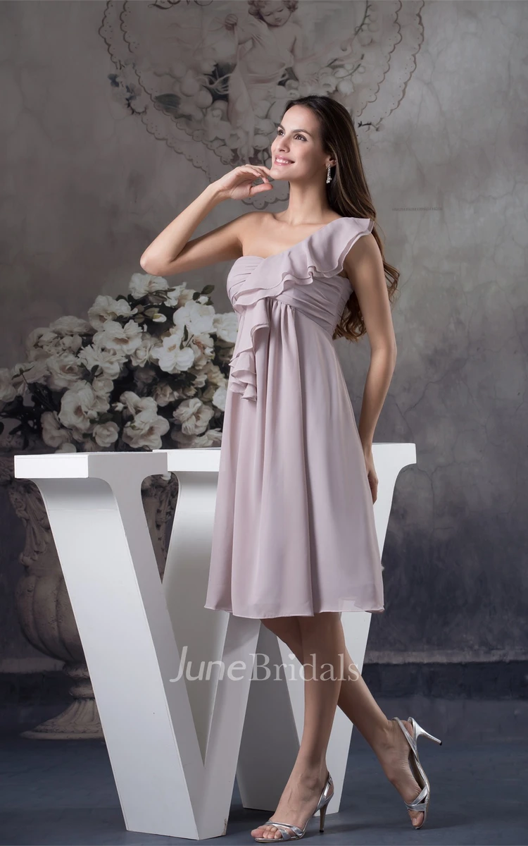 One-Shoulder Empire Midi Chiffon Dress with Ruching and Draping