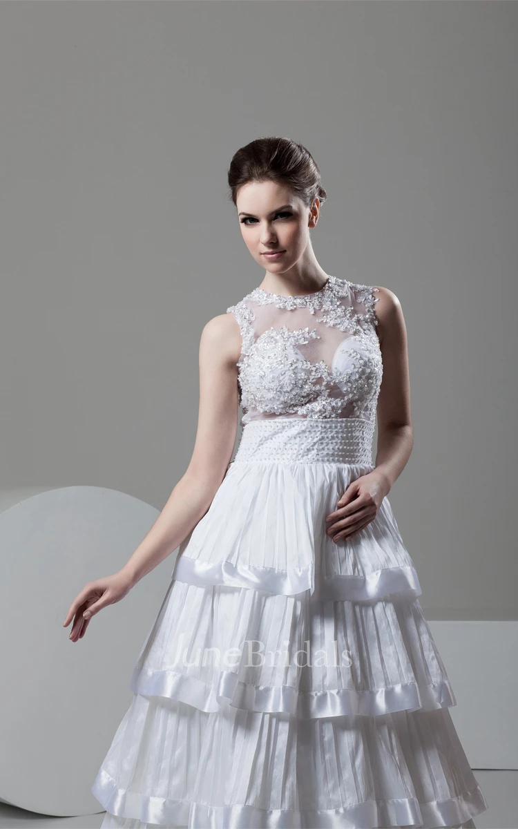 Sleeveless Tiered A-Line Gown with Appliques and Illusion Top