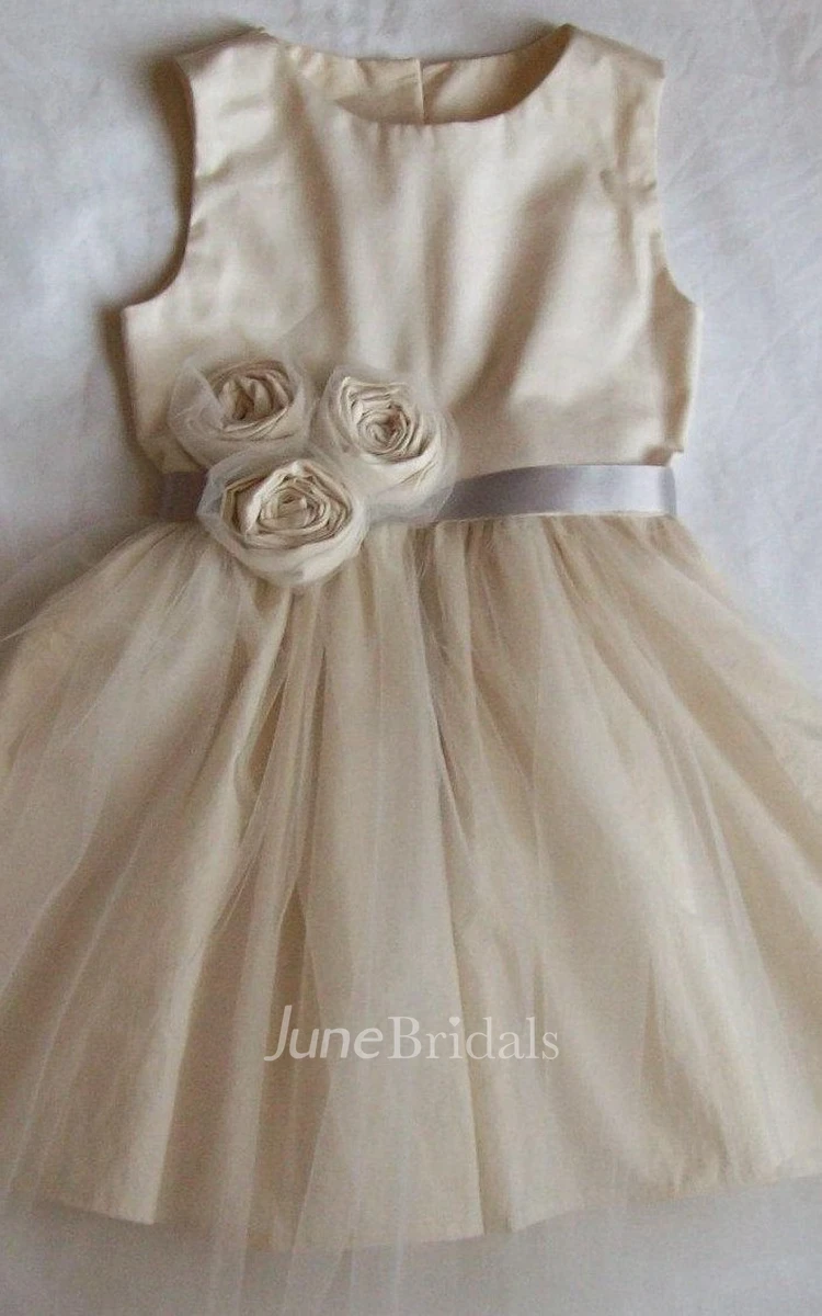 Natural Tulle&Stain Dress With Flower Belt