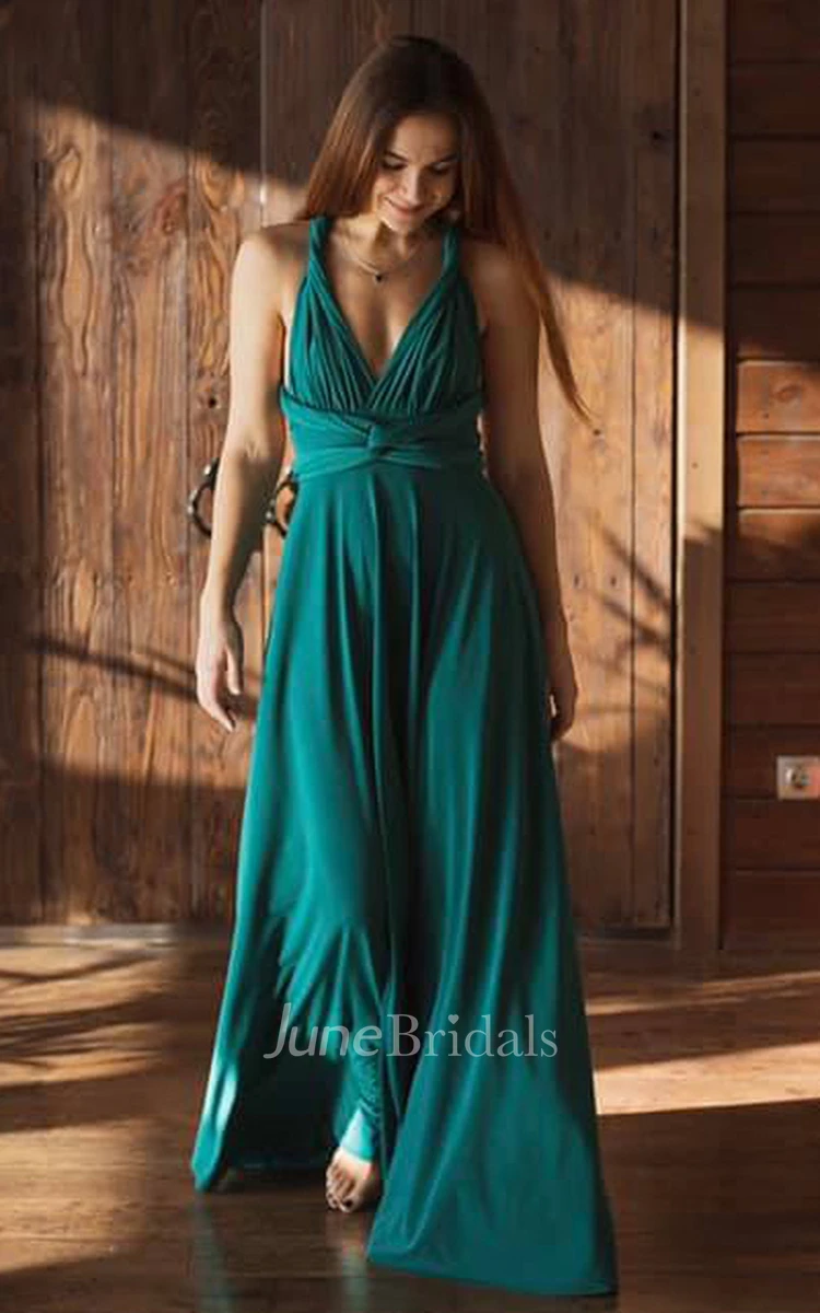 Modern Convertible V-neck Jersey Bridesmaid Dress With Short Sleeves And Cross Back