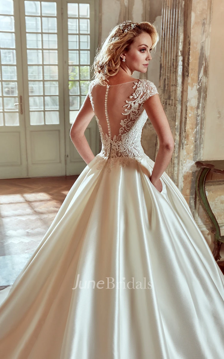 V-Neck A-line Wedding Dress With Lace Bodice and Satin Skirt