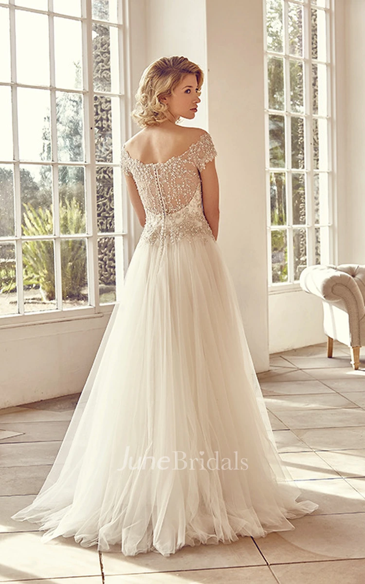 Tulle Beaded Off-The-Shoulder Maxi Wedding Dress