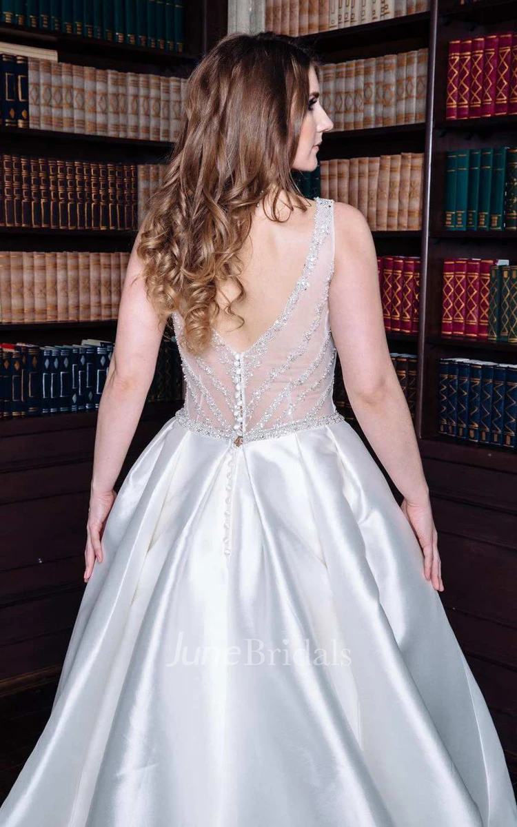 Bateau Sleeveless A-Line Satin Wedding Dress With Beading And Illusion Low-V Back