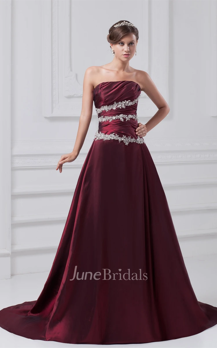 Strapless A-Line Appliqued Gown with Ruched Bodice