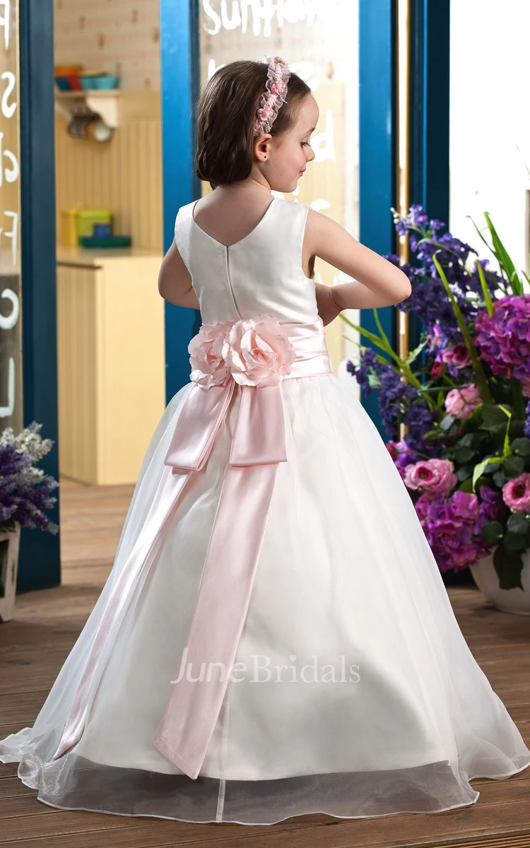 Adorable Sleeveless Satin A-Line Flower Girl Dress With Ribbon