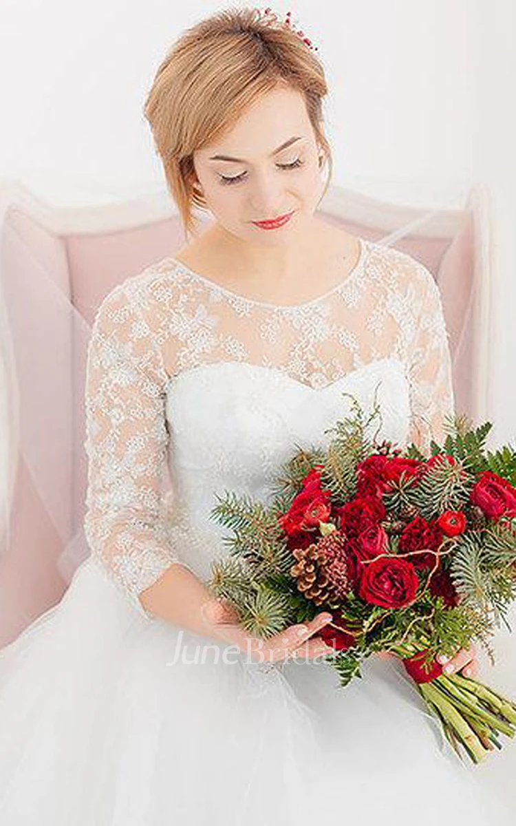 3-4 Length Sleeve Tulle Beaded Lace Wedding Dress