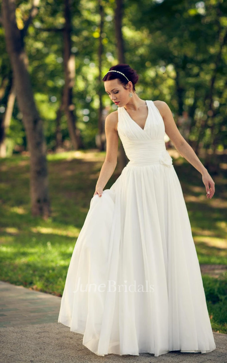 V-Neck Sleeveless Long A-Line Boho Chiffon Wedding Dress