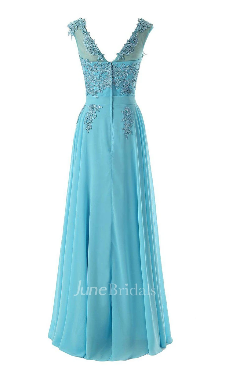 Cap-sleeved Long Chiffon Gown With Lace Bodice