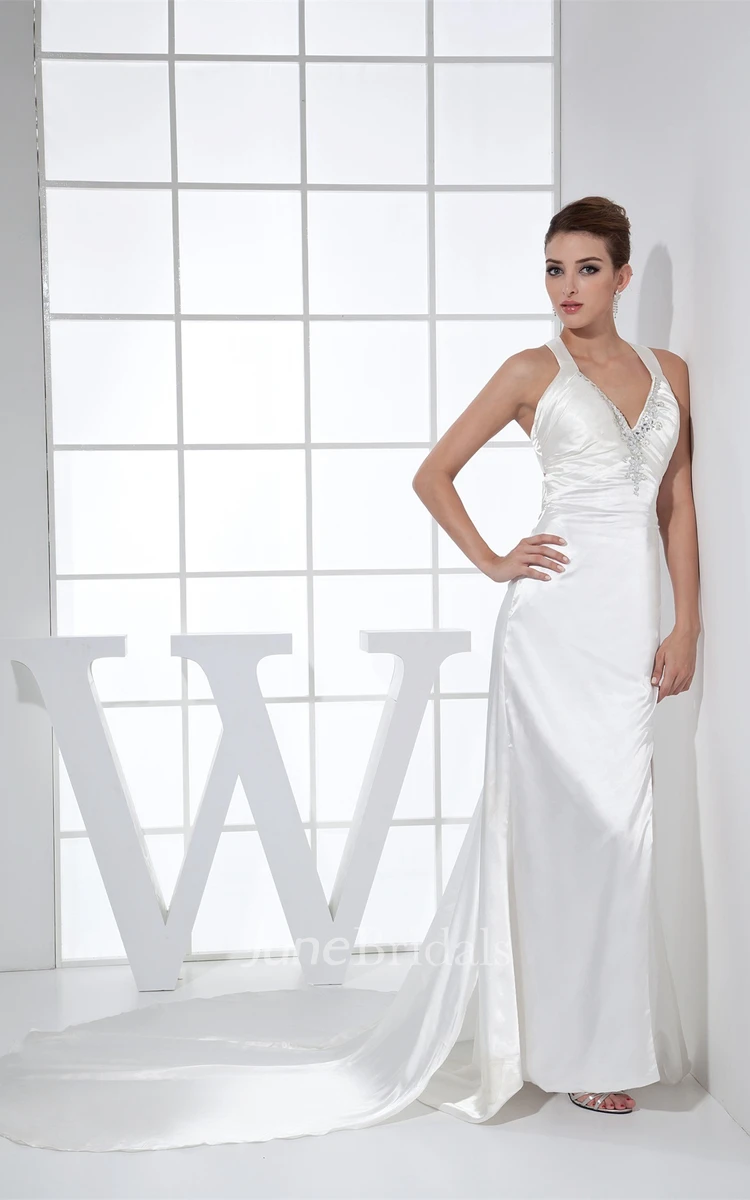 Plunged Haltered Satin Floor-Length Dress with Beading and Court Train