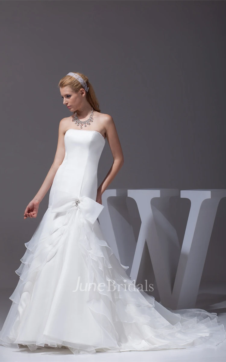 Strapless Column A-Line Gown with Bow and Tiers